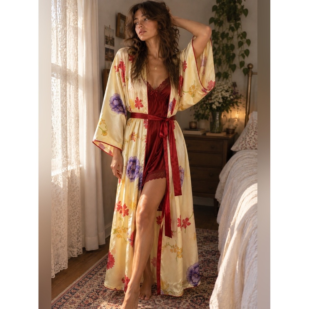 Vintage Victoria's Secret Floral Satin Robe Kimono Romantic Boudoir Y2K Sz S
